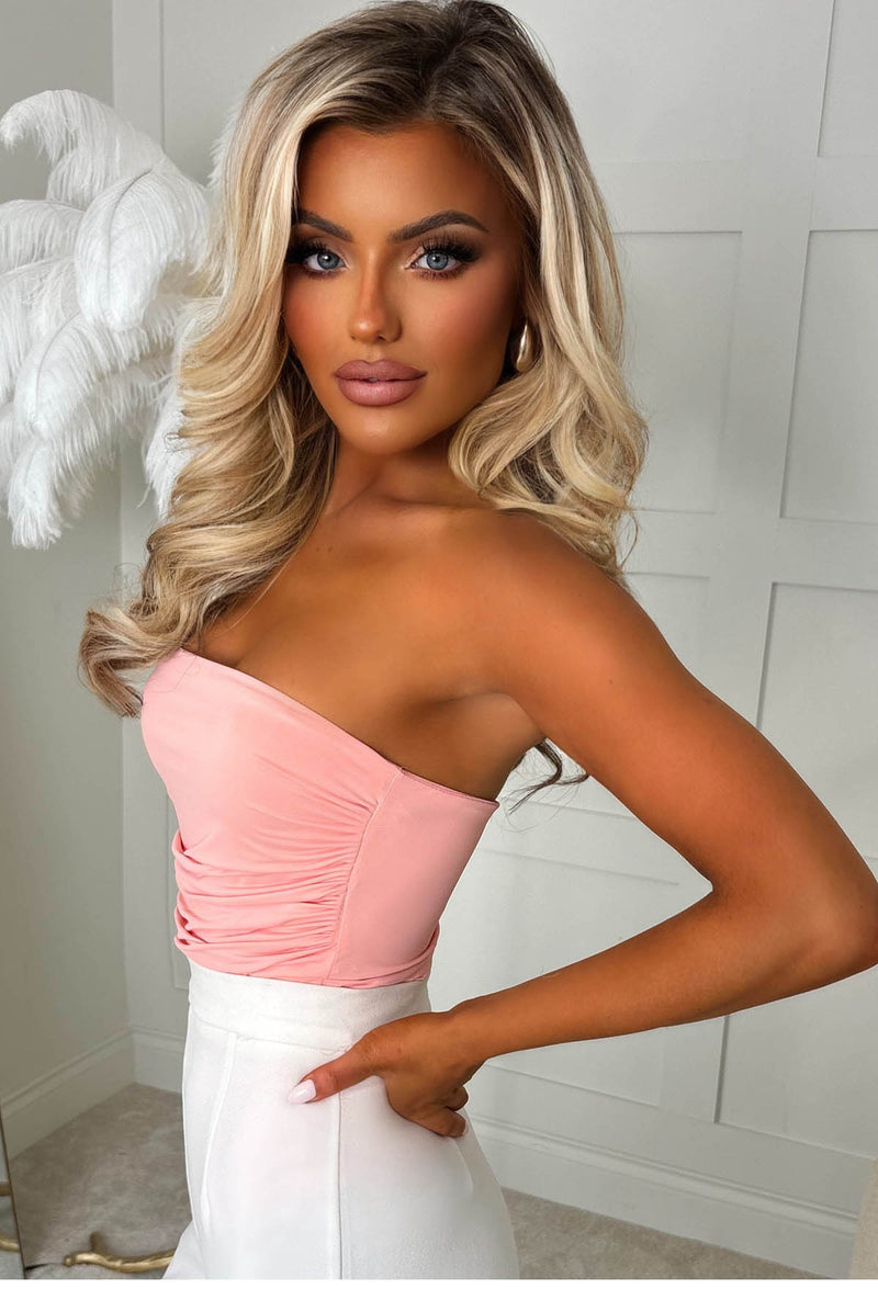 Your Girl Light Pink Bandeau Stretch Ruched Bodysuit