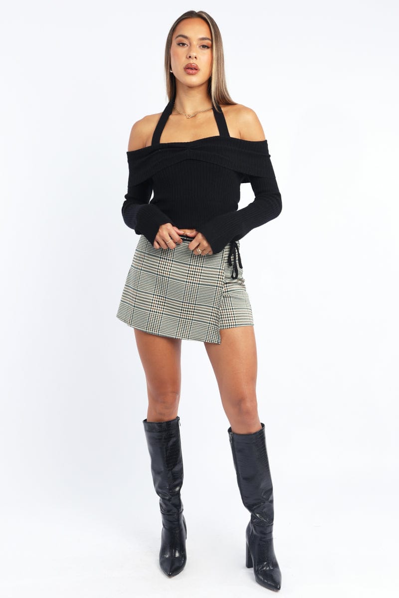 Black Knit Top Long Sleeve Off Shoulder Halter