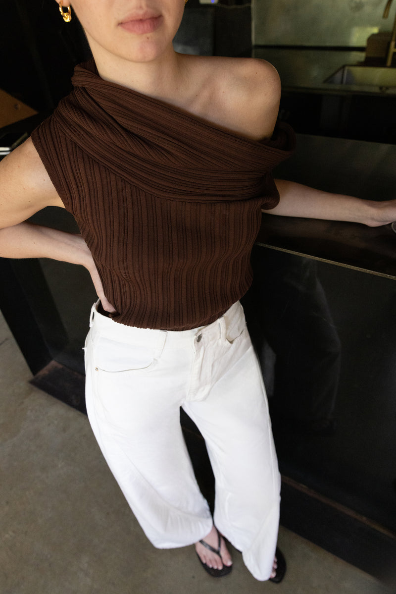 SLOUCHY SHORT SLEEVE OFF THE SHOULDER KNIT SWEATER