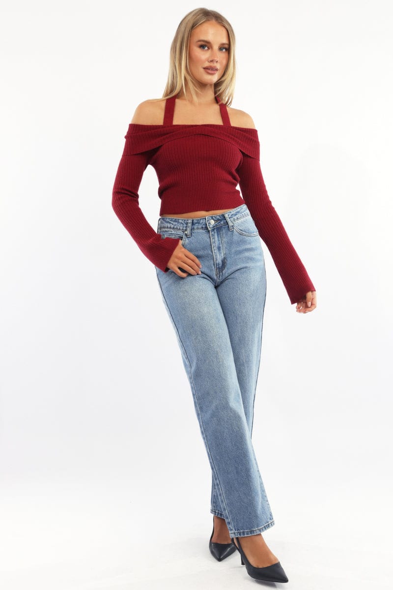 Red Knit Top Long Sleeve Off Shoulder Halter