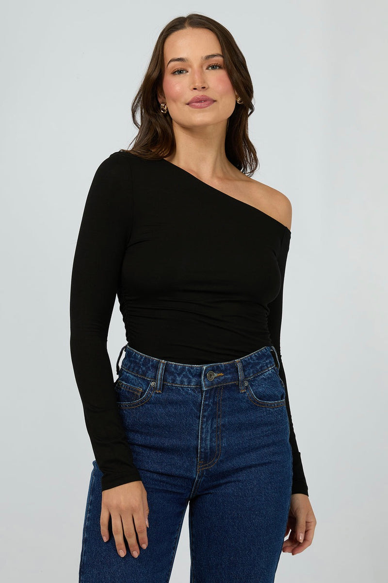 Evie Black Ruched Off Shoulder LS Top