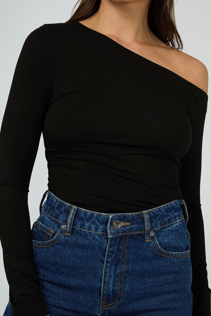 Evie Black Ruched Off Shoulder LS Top