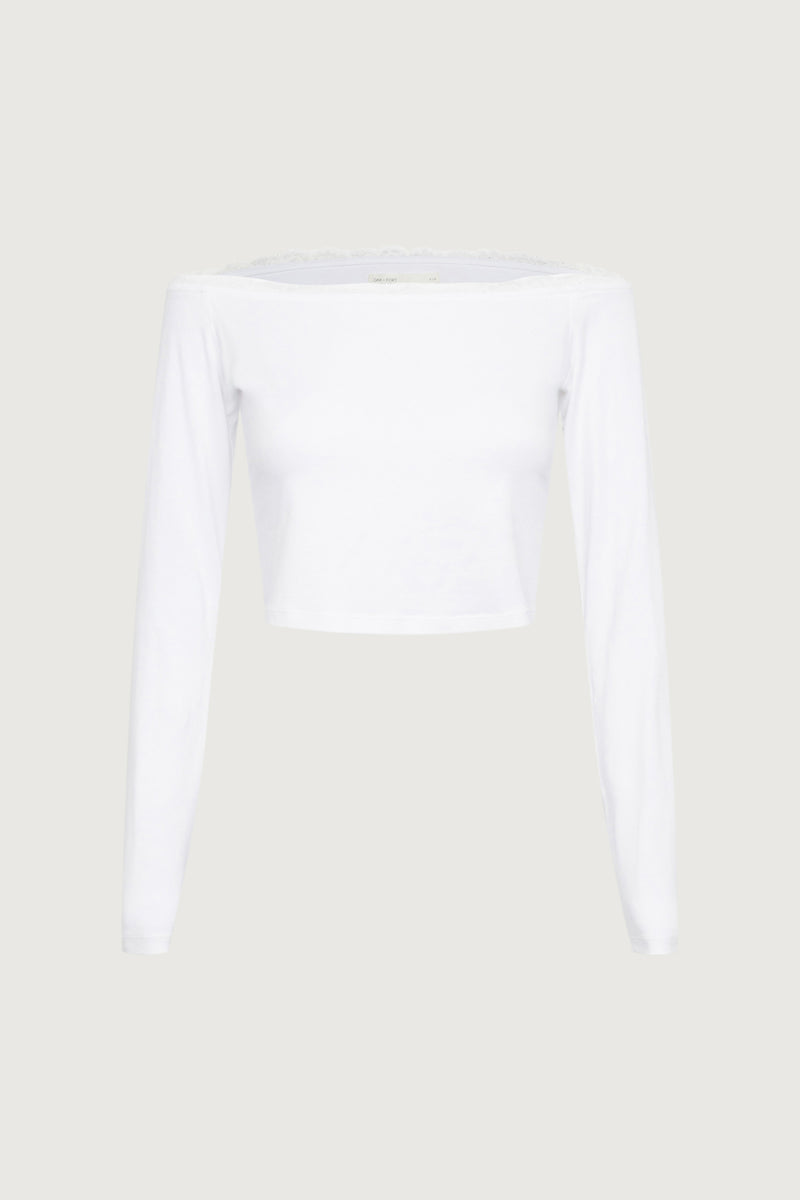 CROPPED OFF THE SHOULDER TOP WITH LACE TRIM