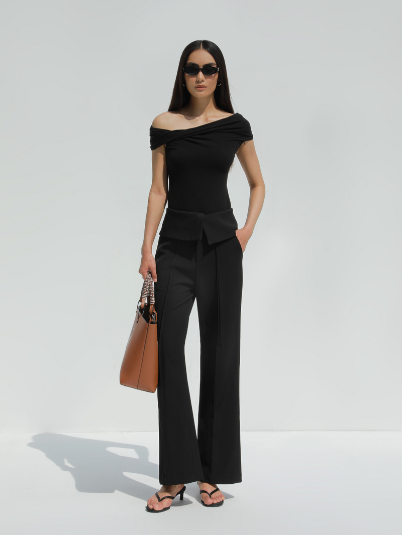 Black Twist Off-Shoulder Fitted Top