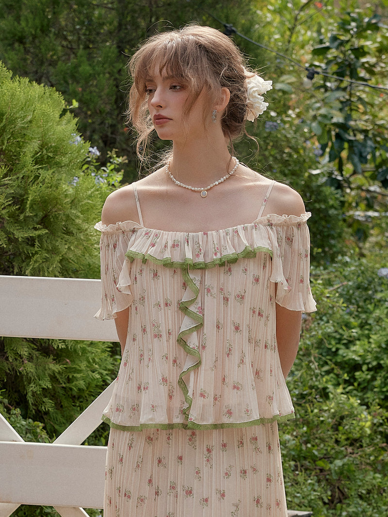 【Final Sale】Lyra Off-Shoulder Accordion Pleats Floral Top