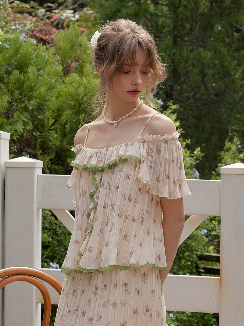 【Final Sale】Lyra Off-Shoulder Accordion Pleats Floral Top