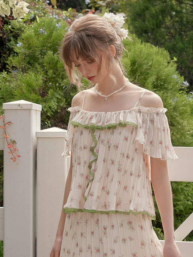 【Final Sale】Lyra Off-Shoulder Accordion Pleats Floral Top