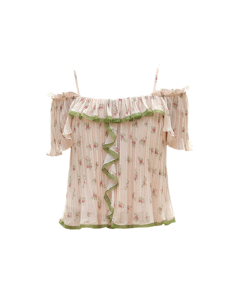 【Final Sale】Lyra Off-Shoulder Accordion Pleats Floral Top