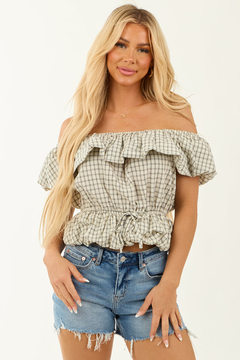 Cream Plaid Off Shoulder Peplum Bubble Hem Top