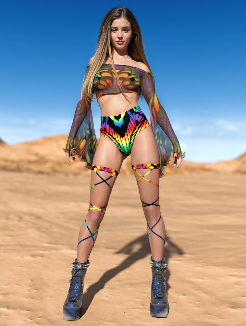 Rainbow Quiver Mesh Off Shoulder Top