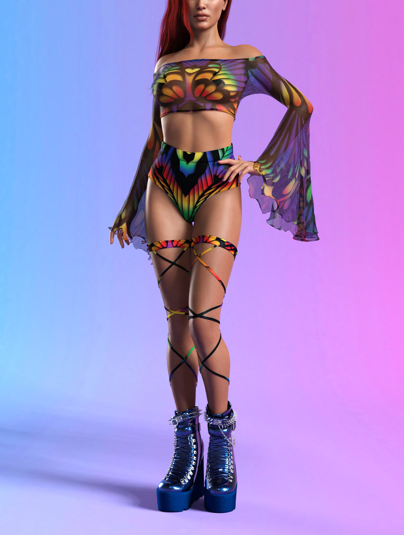 Rainbow Quiver Mesh Off Shoulder Top