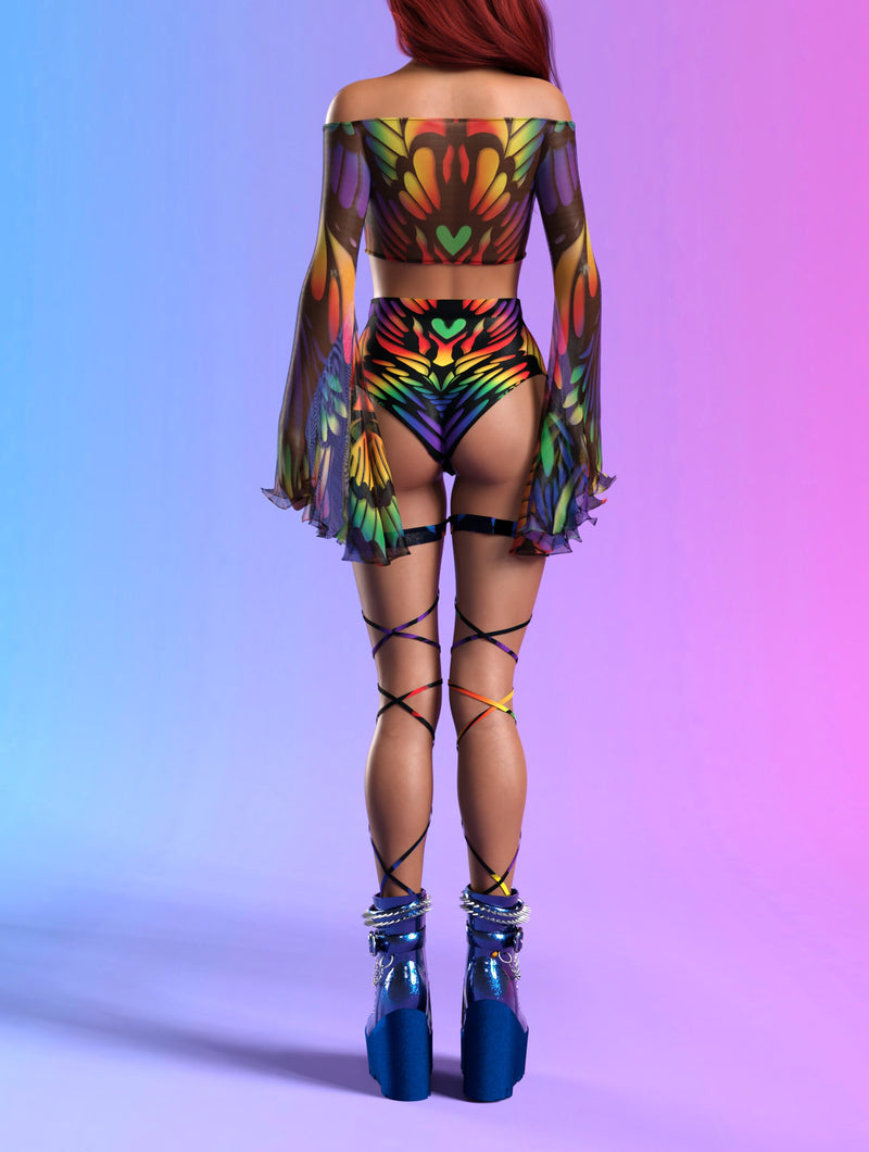 Rainbow Quiver Mesh Off Shoulder Top