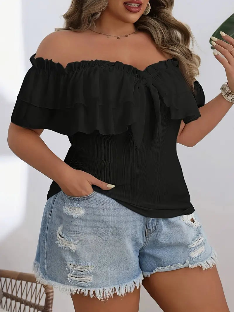 Loretta Off Shoulder Plus Size Short Sleeve Top in Black
