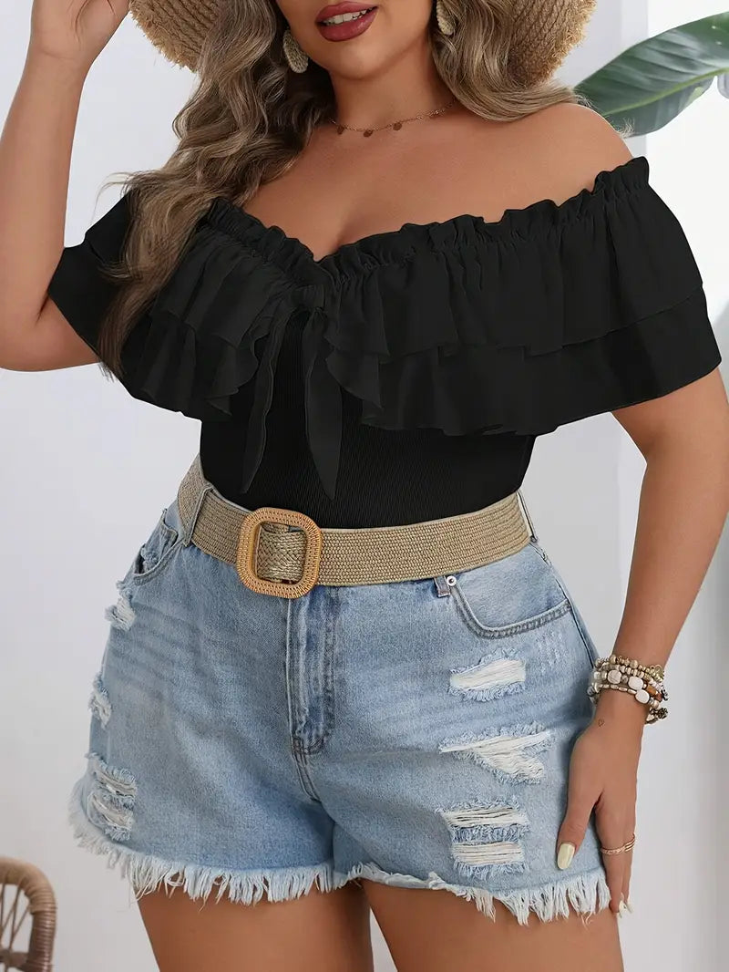 Loretta Off Shoulder Plus Size Short Sleeve Top in Black