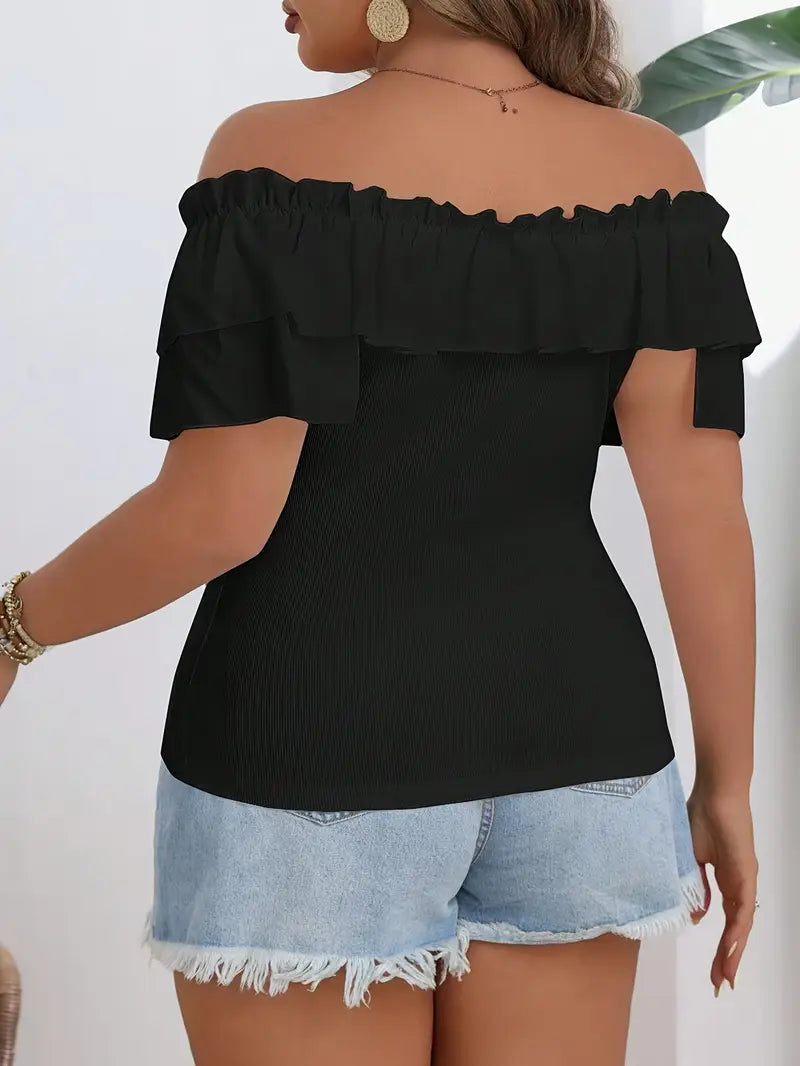 Loretta Off Shoulder Plus Size Short Sleeve Top in Black