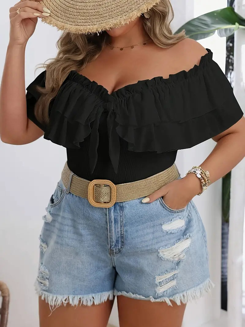 Loretta Off Shoulder Plus Size Short Sleeve Top in Black