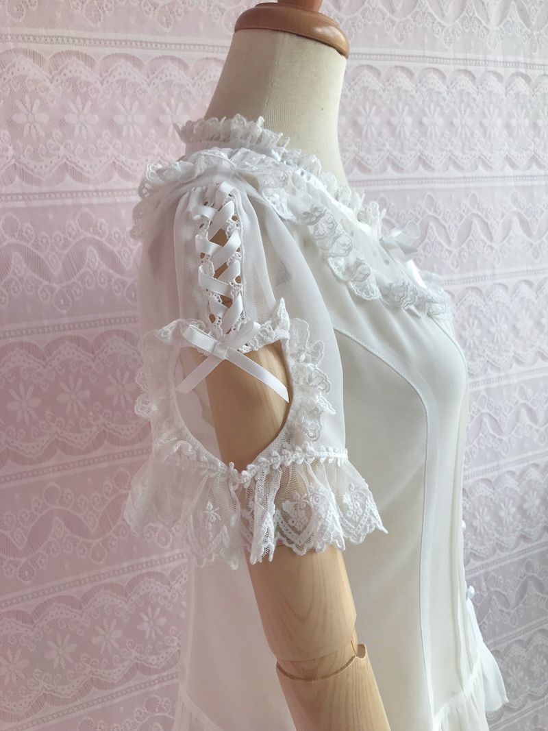 Ruffled Collar Short Sleeve With Heart Cut Outs Blouse