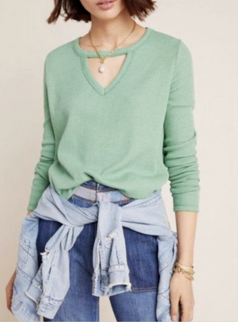 Anthropologie T.La Green Nadia Cut Out Thermal Waffle Tunic Top