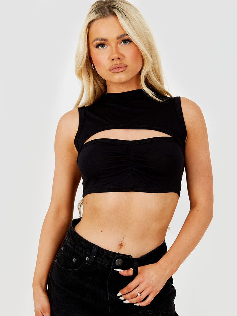 Jeny Cut Out Front Ruched Crop Top In Black
