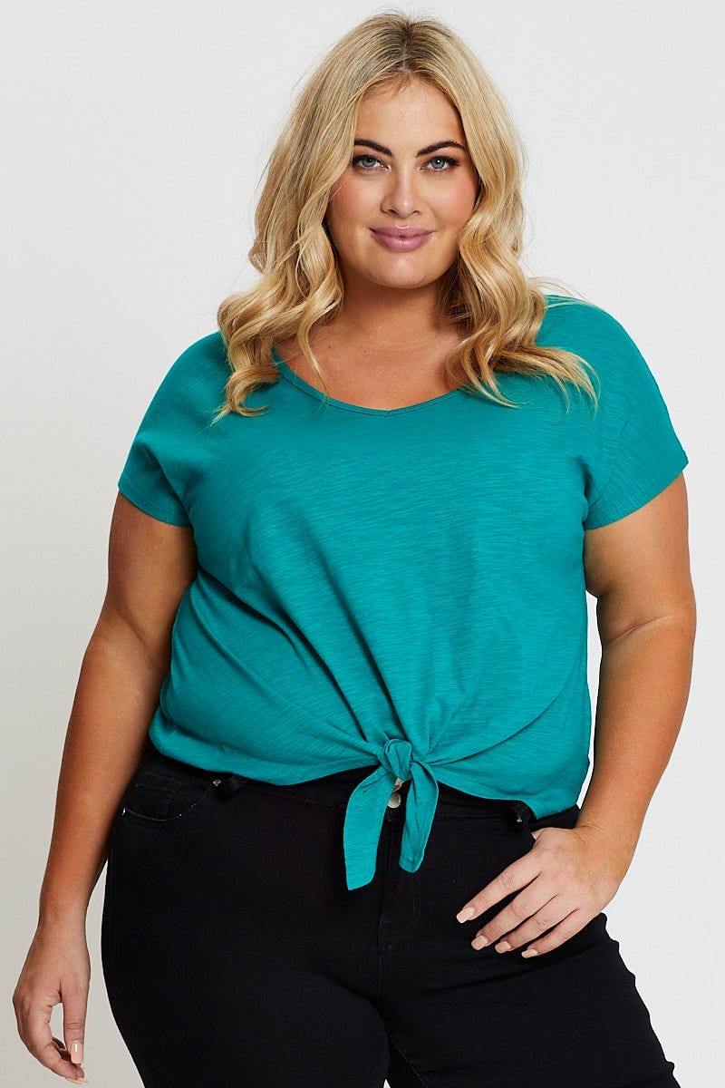 Green Crop T-shirt Crew Neck Short Sleeve Knot Semi