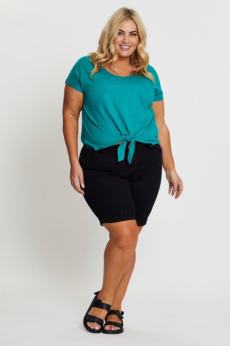 Green Crop T-shirt Crew Neck Short Sleeve Knot Semi