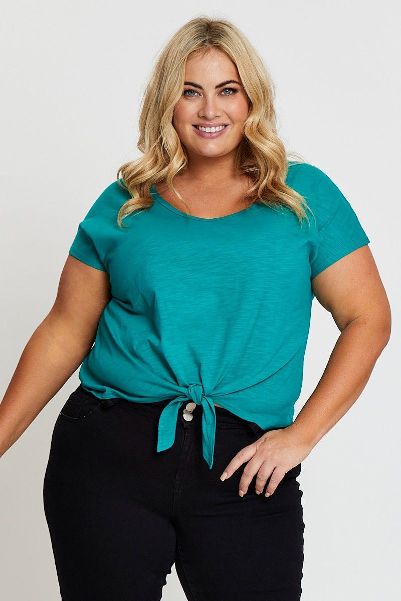 Green Crop T-shirt Crew Neck Short Sleeve Knot Semi