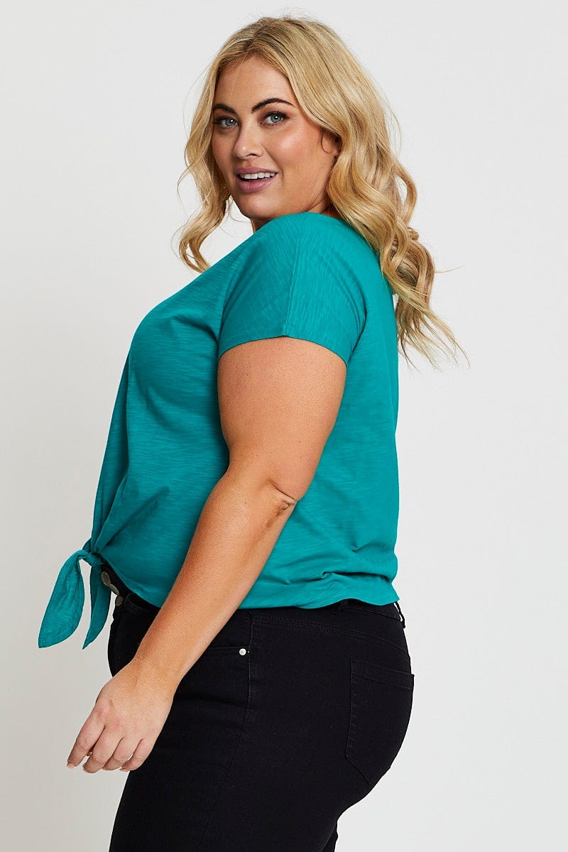 Green Crop T-shirt Crew Neck Short Sleeve Knot Semi