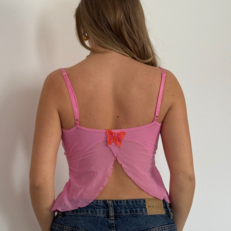 Pink backless butterfly mesh top - Size S