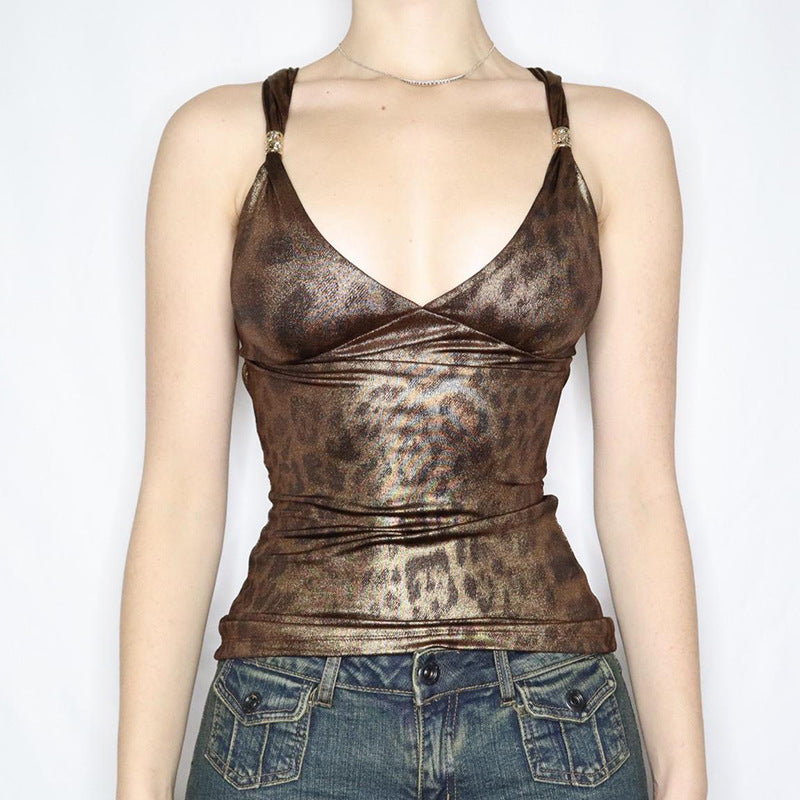 Glossy Leopard Backless Spaghetti-strap Camisole Top