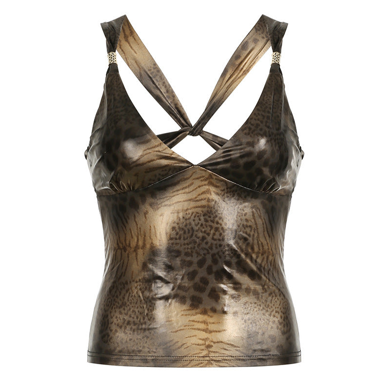 Glossy Leopard Backless Spaghetti-strap Camisole Top