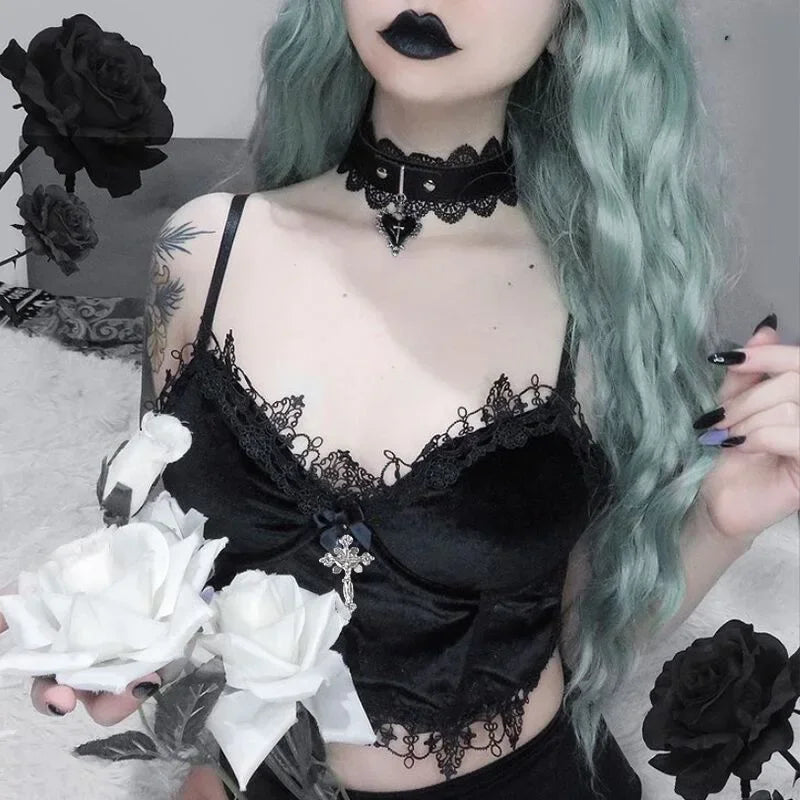 Velvet Y2K Gothic Crop Top - Black Lace Trim Backless Strap Tank for Emo & Alternative Aesthetic
