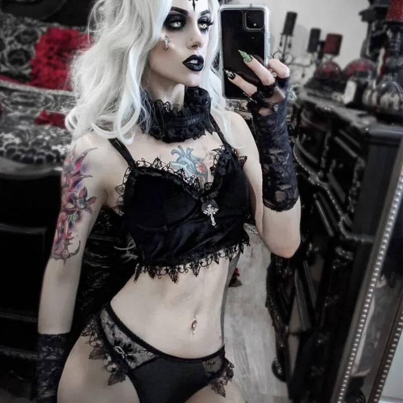 Velvet Y2K Gothic Crop Top - Black Lace Trim Backless Strap Tank for Emo & Alternative Aesthetic
