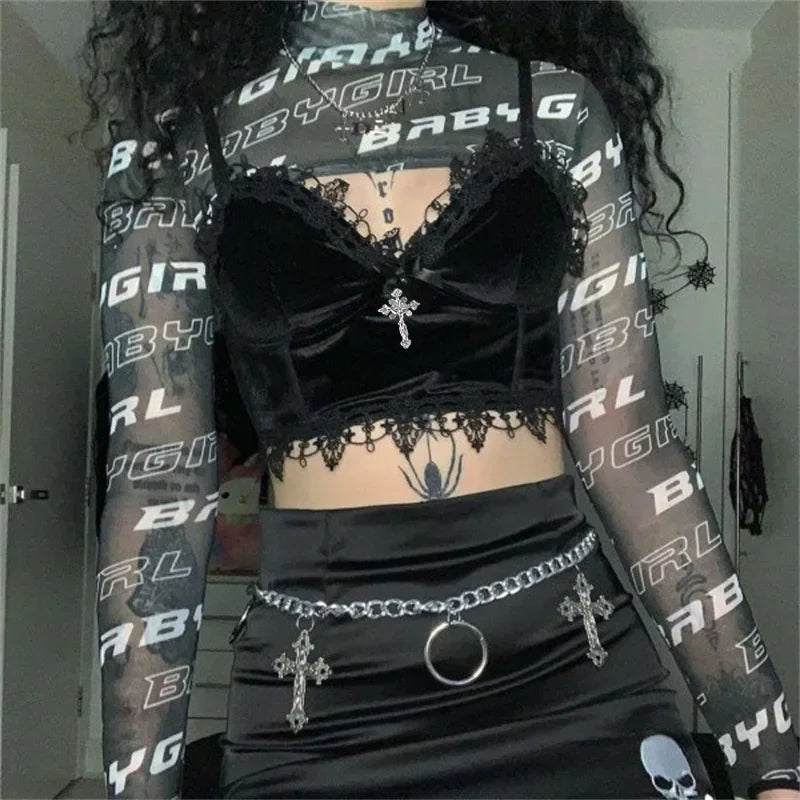 Velvet Y2K Gothic Crop Top - Black Lace Trim Backless Strap Tank for Emo & Alternative Aesthetic
