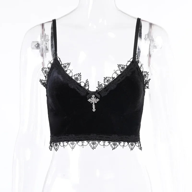 Velvet Y2K Gothic Crop Top - Black Lace Trim Backless Strap Tank for Emo & Alternative Aesthetic