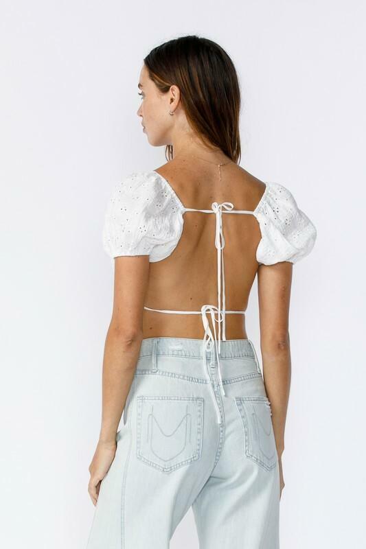 Ramona White Eyelet Backless Puff Sleeve Crop Top