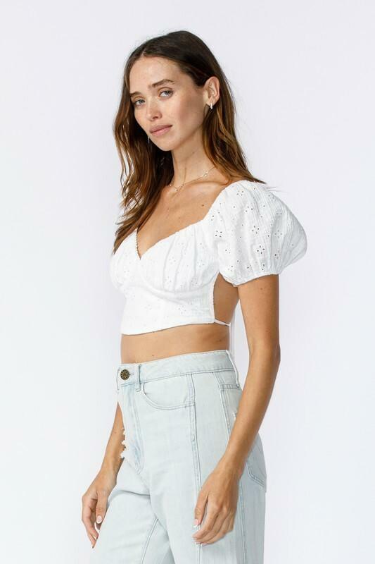 Ramona White Eyelet Backless Puff Sleeve Crop Top
