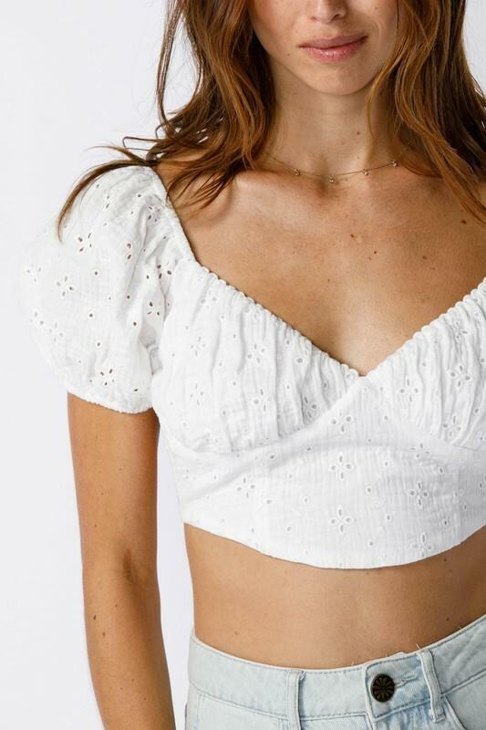 Ramona White Eyelet Backless Puff Sleeve Crop Top