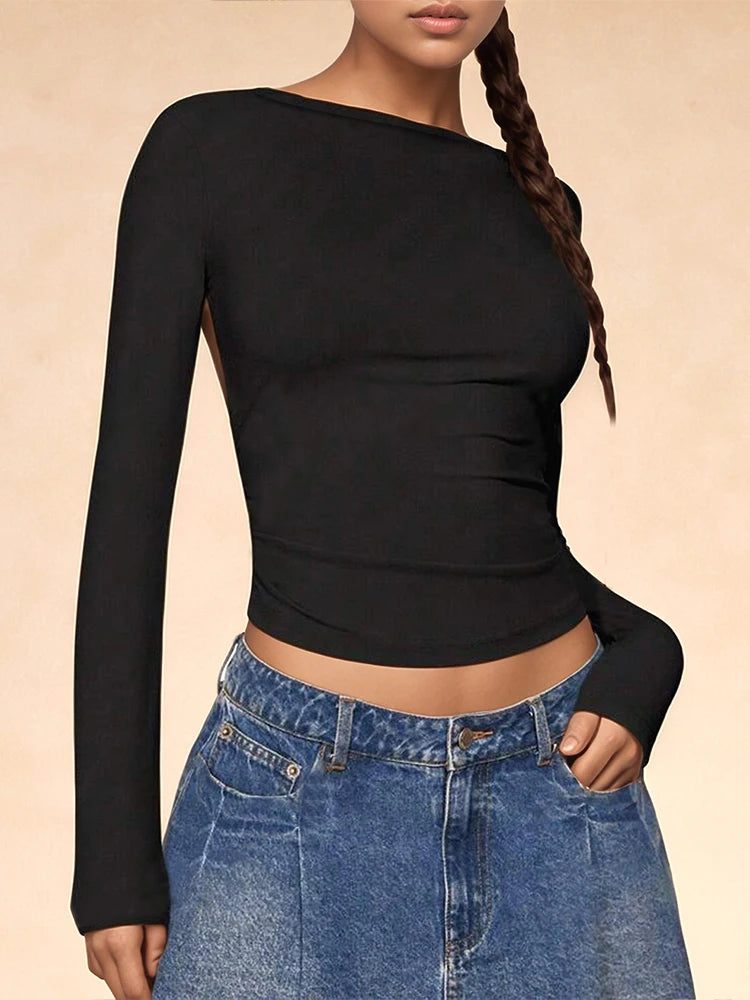 Women Open Back Top  Long Sleeve Ribbed Backless Top Shirt    Chain Backless Crop Tee  Tie Backless Crop Tee