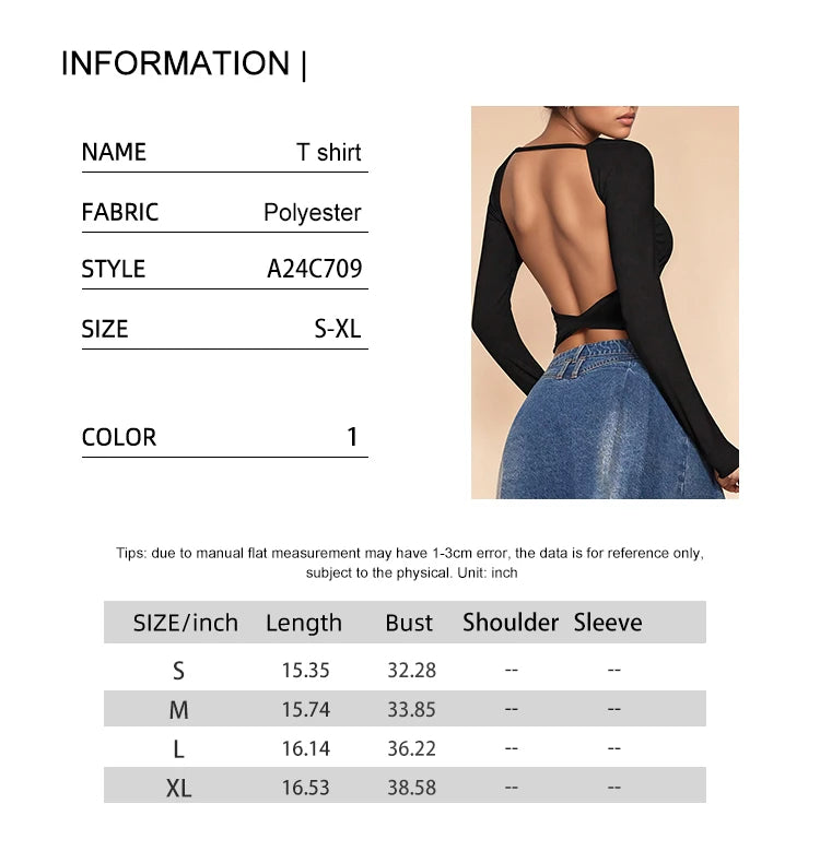Women Open Back Top  Long Sleeve Ribbed Backless Top Shirt    Chain Backless Crop Tee  Tie Backless Crop Tee