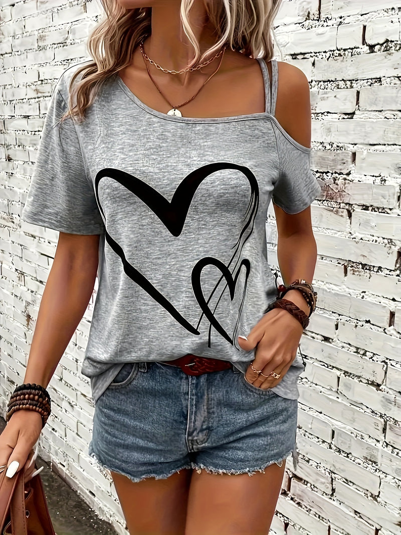 Heart Print Asymmetrical Backless Cold Shoulder T-Shirt for Women