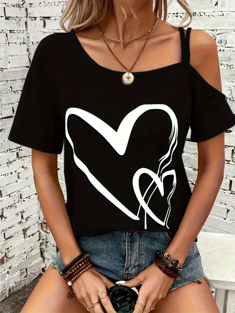 Heart Print Asymmetrical Backless Cold Shoulder T-Shirt for Women