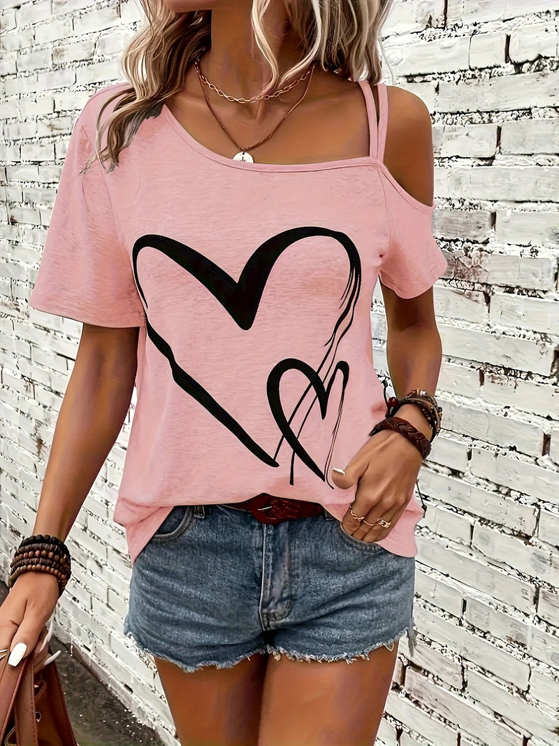 Heart Print Asymmetrical Backless Cold Shoulder T-Shirt for Women