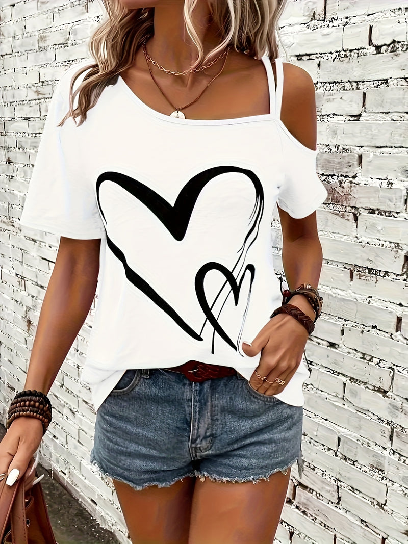 Heart Print Asymmetrical Backless Cold Shoulder T-Shirt for Women