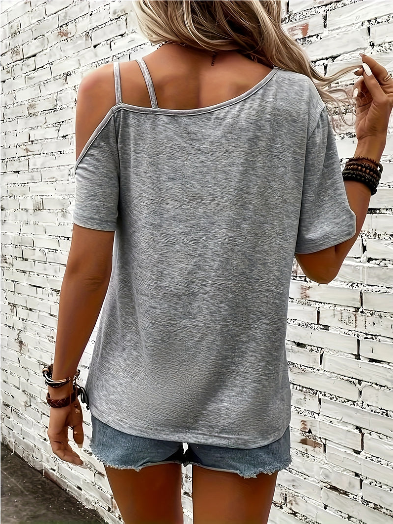 Heart Print Asymmetrical Backless Cold Shoulder T-Shirt for Women