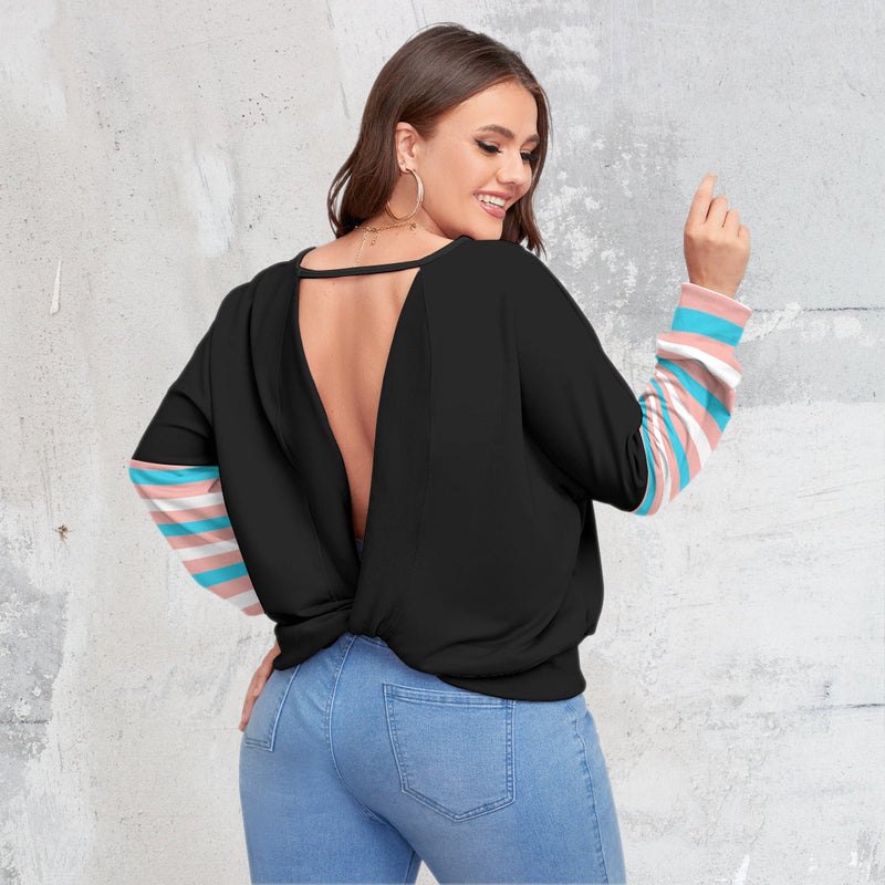 Plus Size Black Backless Sweatshirt with Bat Wing Sleeves