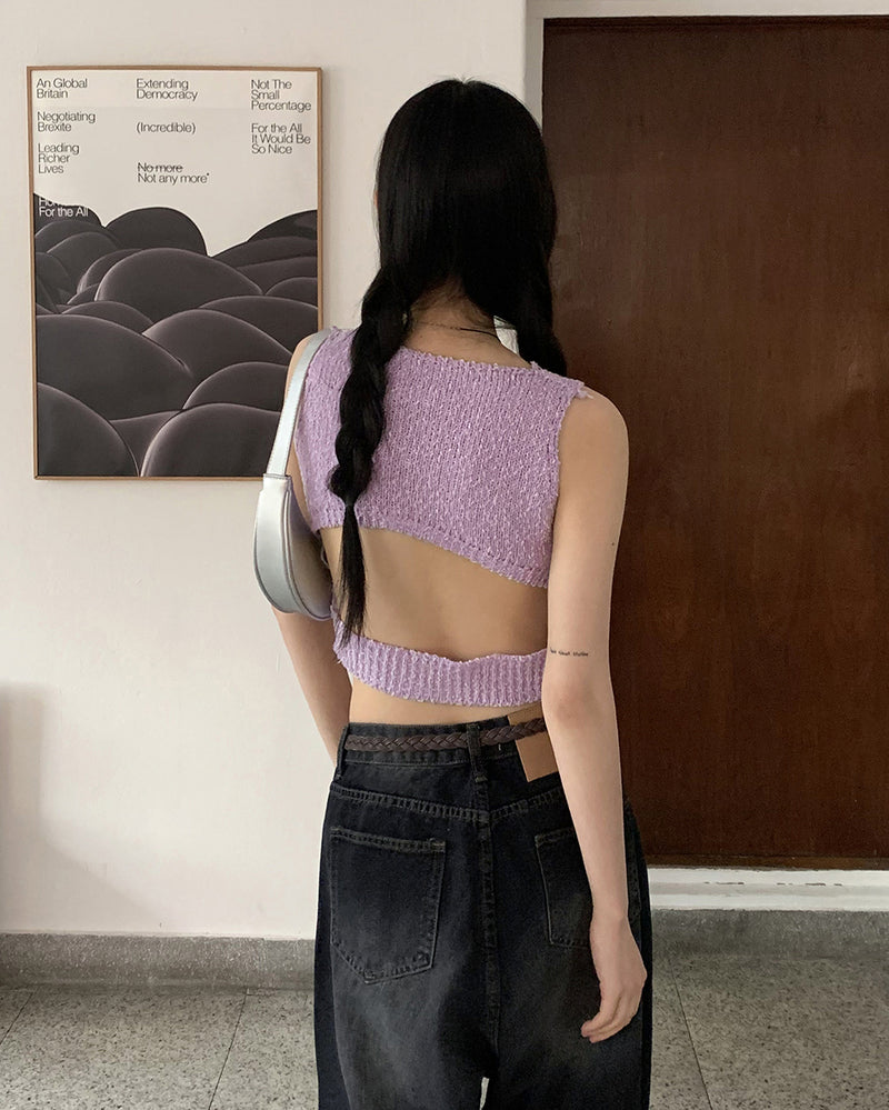 バックレススリットニットクロップドスリーブレス/Mollin Backless Slit Knitwear Cropped Sleeveless