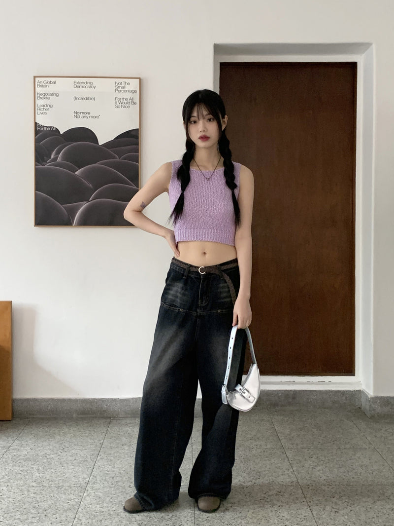 バックレススリットニットクロップドスリーブレス/Mollin Backless Slit Knitwear Cropped Sleeveless