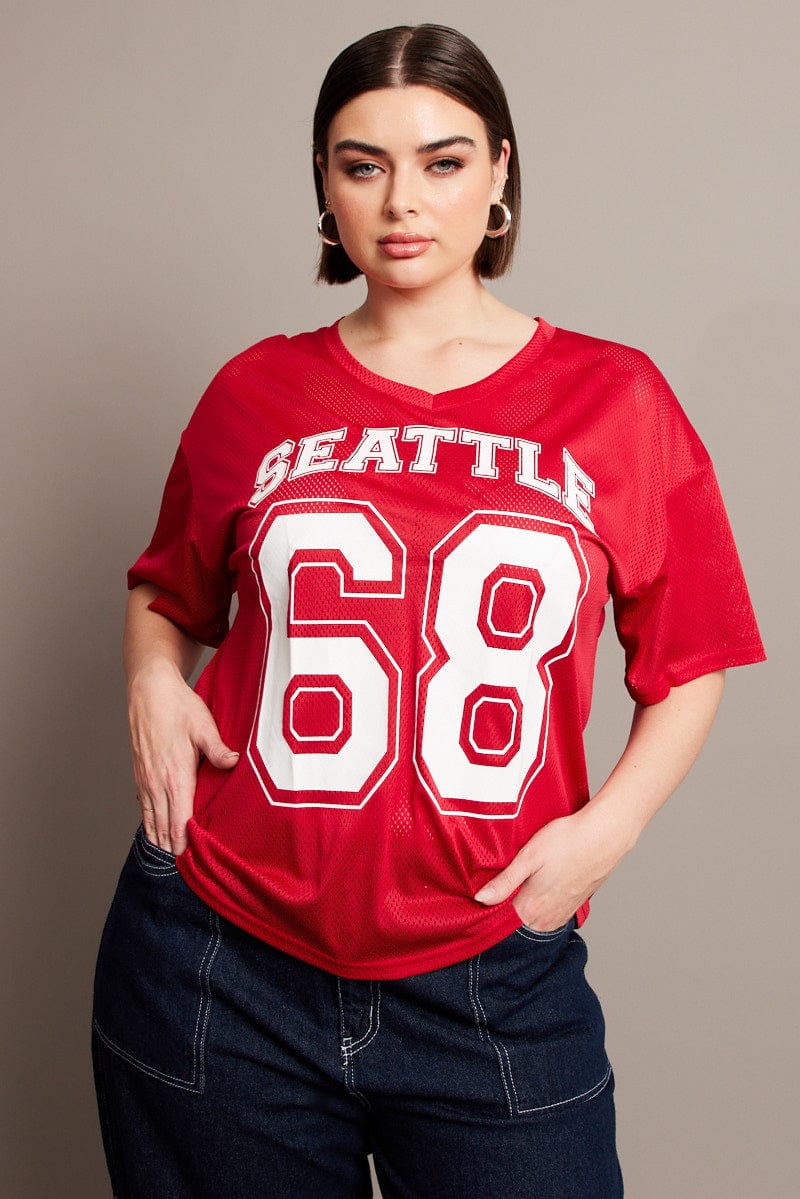 Red Graphic T-shirt Short Sleeve V-Neck Oversized