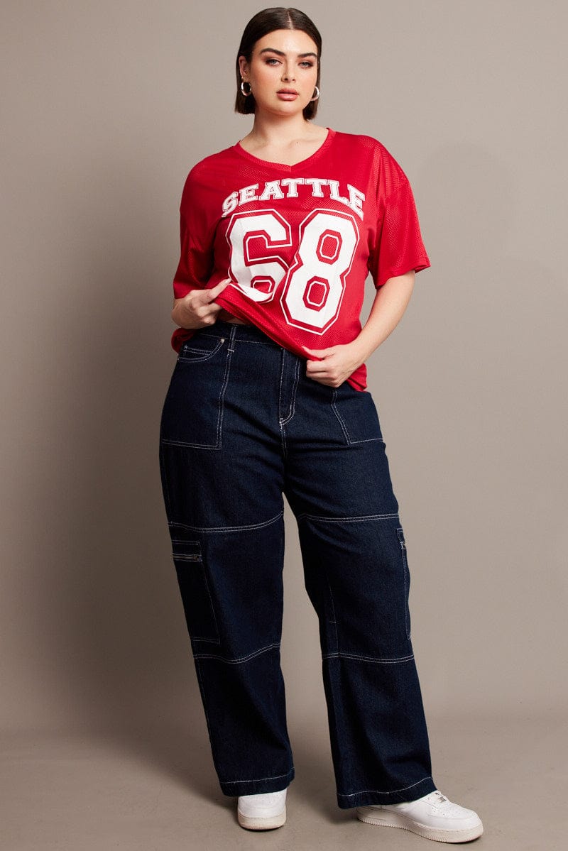 Red Graphic T-shirt Short Sleeve V-Neck Oversized