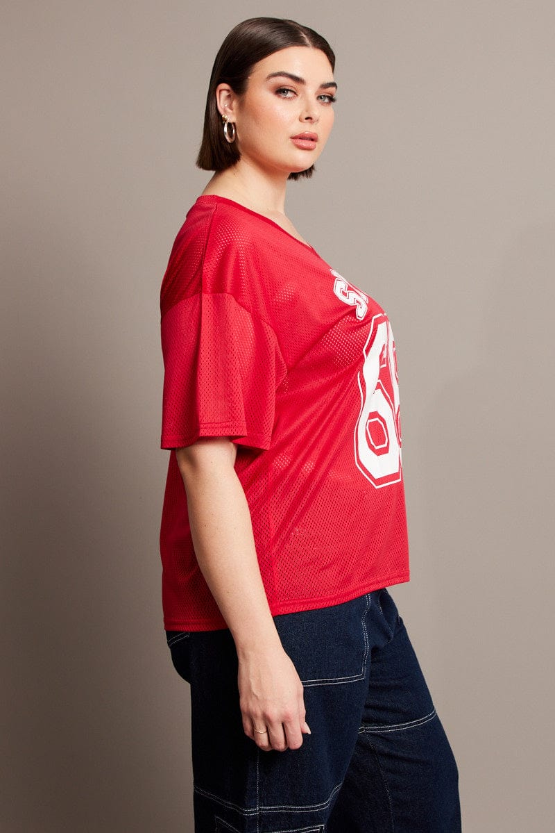 Red Graphic T-shirt Short Sleeve V-Neck Oversized